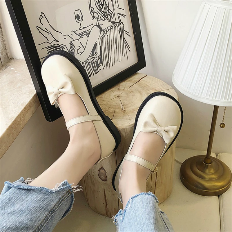 Japanese Lolita Flats Female Student Shoes Cute Breathable Bow Round Head Mary Jane Girl white Cosplay School JK Uniform Shoes