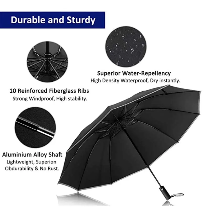 Inverted Umbrella Windproof Folding Reverse Umbrella with Reflective Stripe 10 Ribs Auto Open and Close Portable Travel Umbrella