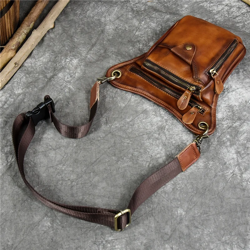 Bolsa de cintura de couro genuíno masculina, bolsa de ombro para motocicleta, mochila crossbody para quadris e pernas, cintura masculina de alta