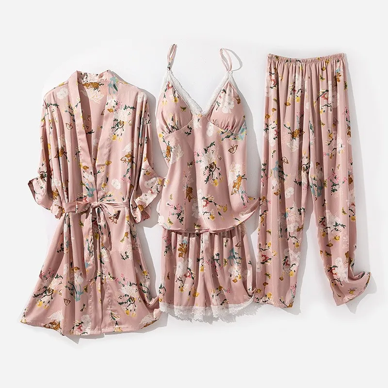 Kimono Robe Gown Print Flower Women Sleepwear Bathrobe Summer Nightgown Casual Silky Nightwear Satin Nightdress Home Clothes