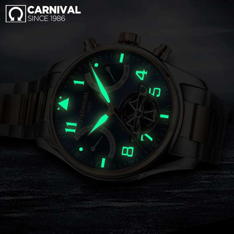 Fashion Tourbillon Mechanical Watch CARNIVAL New Automatic Watch for Men Sapphire Waterproof Calendar Luminous Relogio Masculino