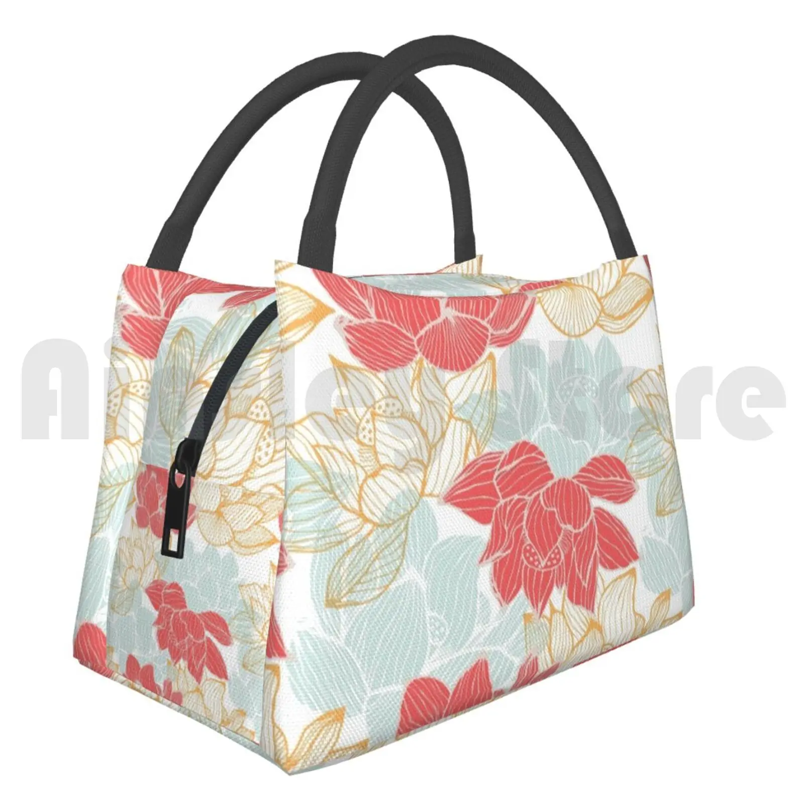 Portable Insulation Bag Lotus Carousal Pattern Plant Flower Floral Lotus Peace Color Colour Homedecor Interior Red