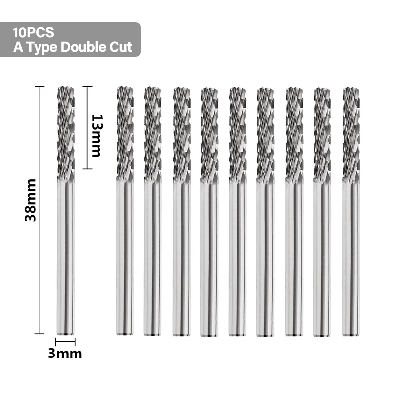 XCAN 10 Uds. Juegos de rebabas rotativas de carburo de tungsteno de doble corte con vástago de 3mm para herramientas rotativas Dremel Lima rotativa