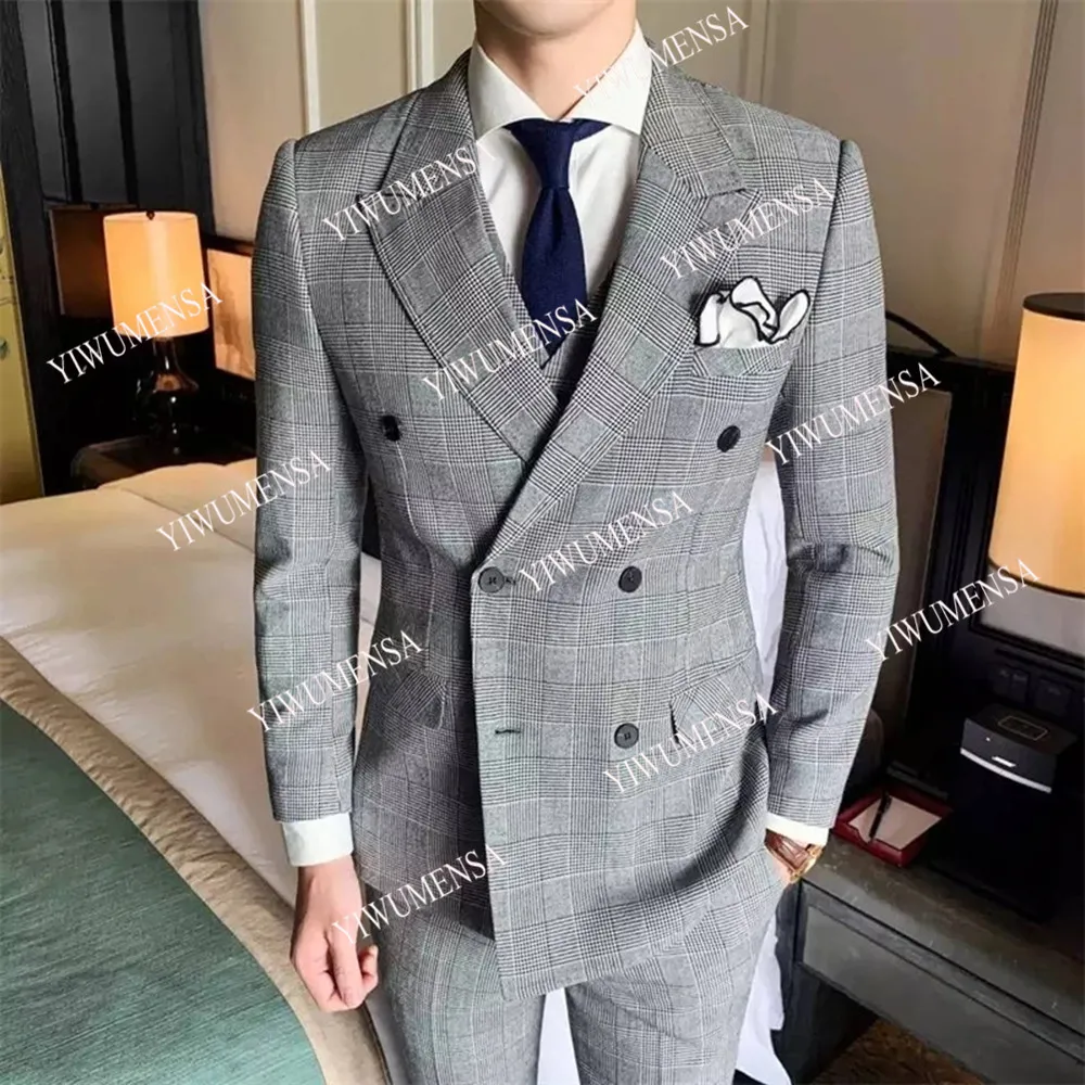 Double Breasted Business Suit Mannen Grey Geruite Jas Broek 2 Stuks Banket Avondfeest Bruiloft Smoking Plus Size Jurk