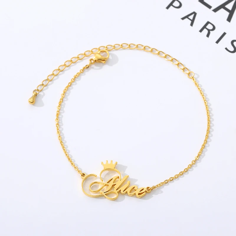 Pulsera con nombre de corona de estilo artístico personalizado, joyería con dijes, cadena de acero inoxidable, pulsera hecha a mano personalizada,