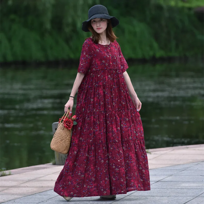 

Free Shipping 2021 New A-line Cotton Long Maxi Dress Women Short Sleeve Loose Dress Flower Print O-neck Spring Summer Dresses