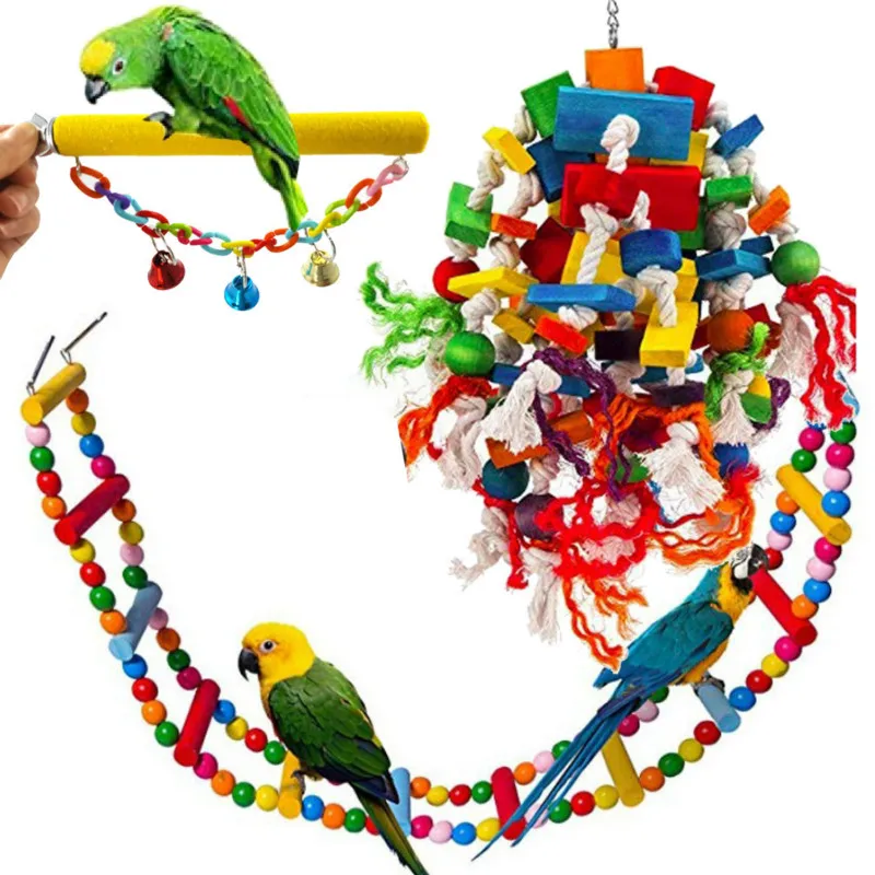 Parrot Bite Toy Pet Bird Color Building Blocks Large String Matte Rod Ladder Swing 3-Piece Set