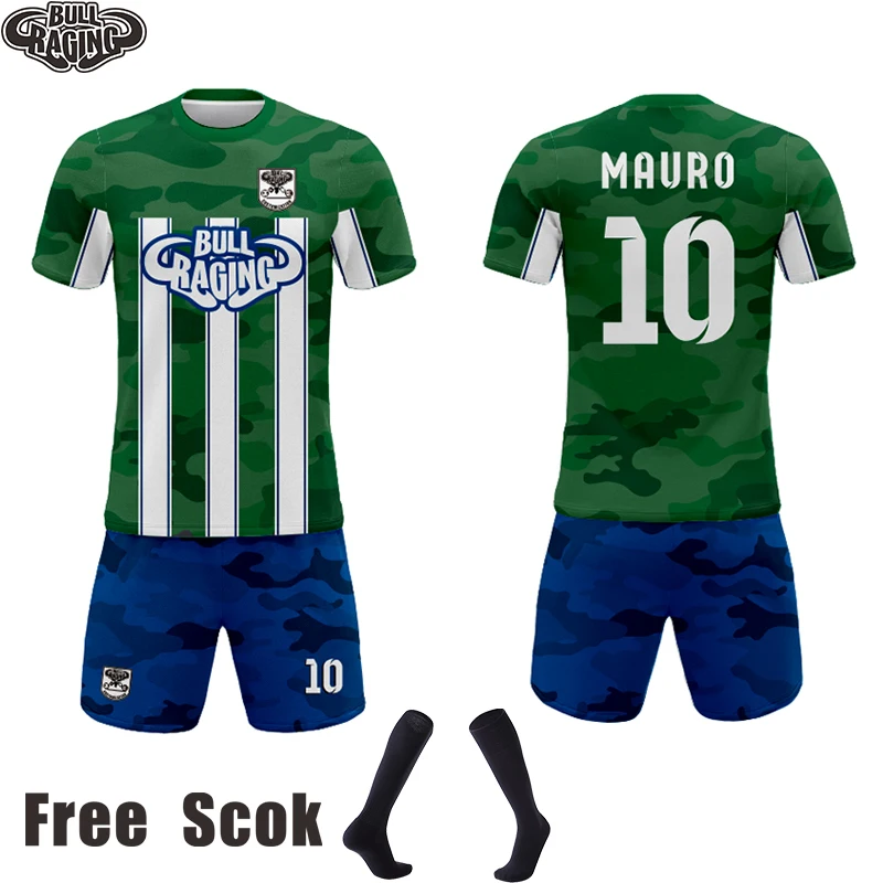 

Wholesale Sublimation Soccer Uniform Customized Big Size Football Sets Green Camo Design Soccer Kits Free Sock