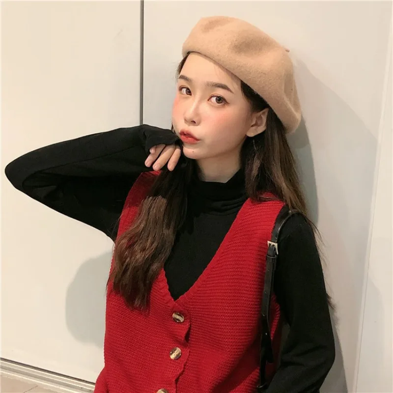 Vintage Sweater Vest Spring Autumn Winter V Neck Sleeveless Knitted Top Korean Ladies Girls Black White Green Red Yellow Vest