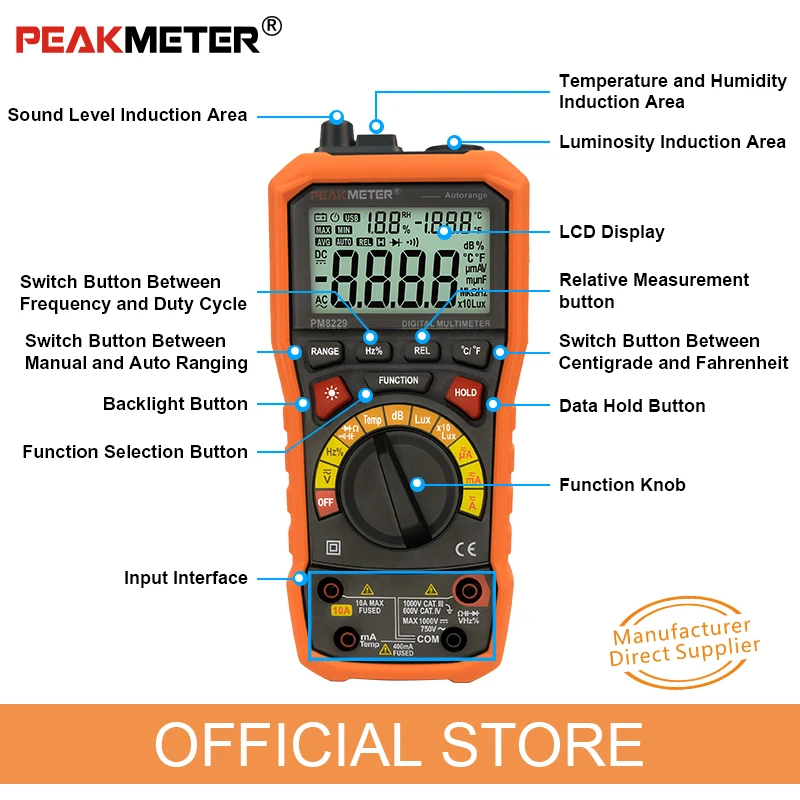 PEAKMETER PM8229 5 in 1 Auto Multimetro Digitale Con Multi-funzione di Lux Livello Sonoro Frequenza di Umidità di Temperatura del Tester del Tester