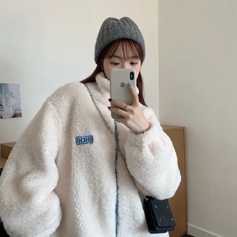 Women Hoodies Plus Velvet Zip-up Letter Long Sleeve Lambswool Oversize Soft Fashion Casual Korean Style Warm Fluffy Teddy Tops