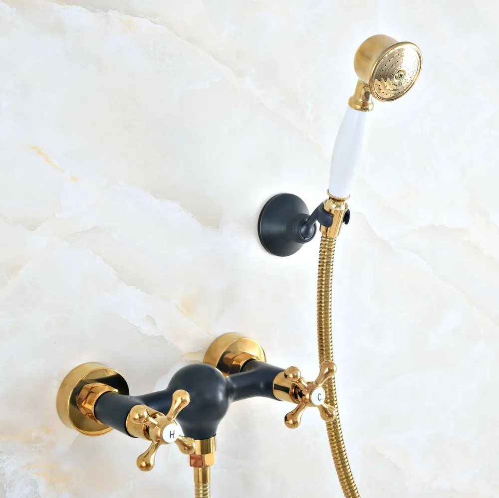 

Black Oil Rubbed & Gold Brass Wall Mount Bathtub Faucet with Handheld Shower Set +1500MM Hose Mixer Tap 2na514