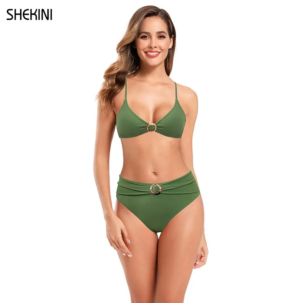 

SHEKINI Women's Spaghetti Straps Bikini High-Waist Bottom Ring Ruched Two Piece Swimsuits V-neck Unique 2022 Beach Swimsuit