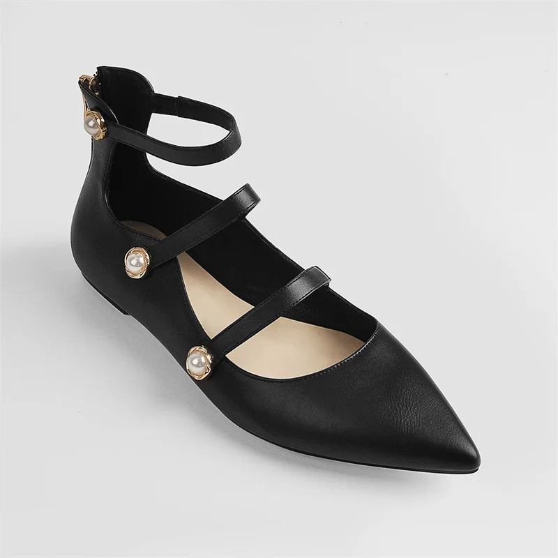 Onlymaker Women Pointed Toe Flats Elegant Pearl Metal Decoration Matte Black Narrow Strap Comfortable Big Size Zip  Flats