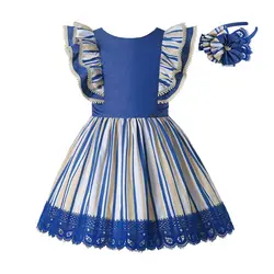 Pettigirl Summer Spainish Elegant Casual Blue Stripe Lace Dresses Children Kids Birthday Clothes Sisters Family Matching Outfits