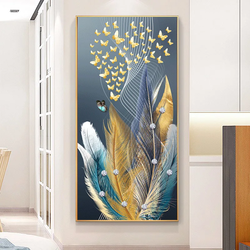 Modern Abstract Canvas Painting,Blue and Gold Feather,Butterfly,Wall Art,Print Poster,Picture for Living Room, Home Decoration