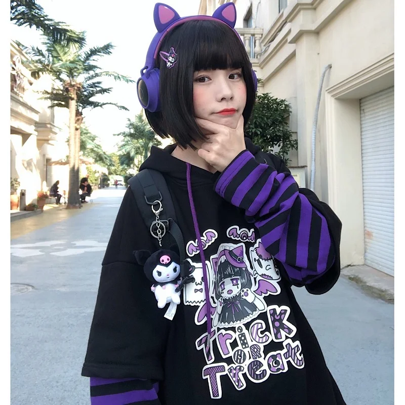 Japonês casual y2k hip-hop harajuku de manga comprida anime com capuz kawaii outono solto vintage feminino moletom com capuz