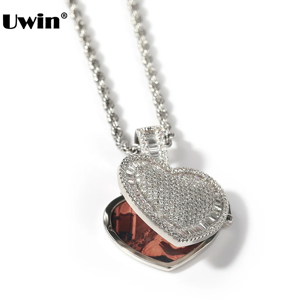 

UWIN Custom Memory Medallions Photo Heart Pendant Necklaces for Women Men AAA Cubic Zircon Fashion Hip hop Jewelry for Gift