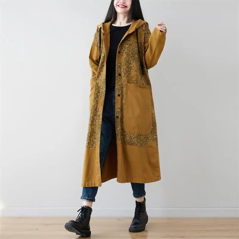 2024 Spring Fall Female Long Trench Coat Loose Vintage Print Denim Cotton Women Hooded Jacket Plain Single Breasted Windbreaker