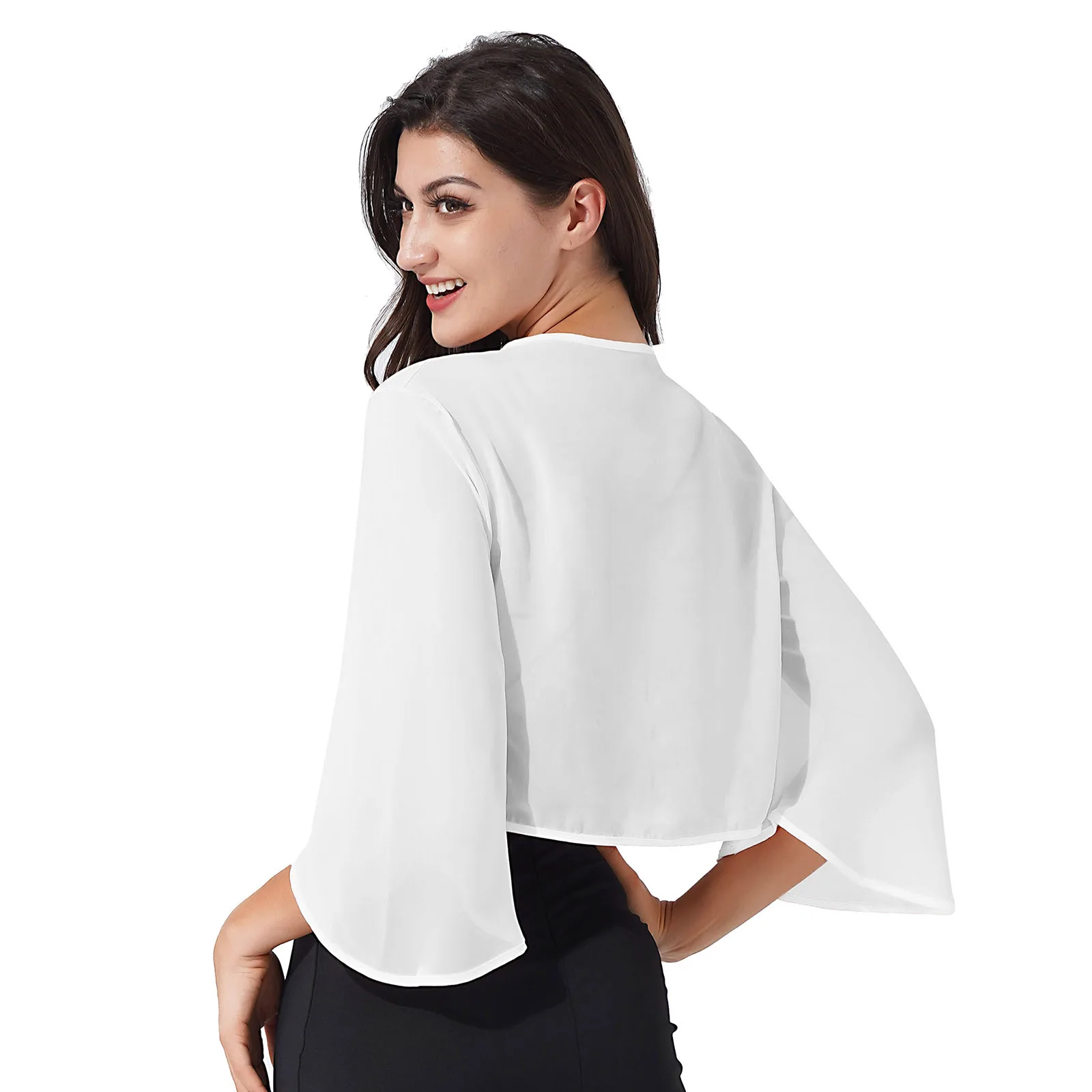 Bolero trasparente in Chiffon elegante da donna avvolge scialli da sera 3/4 manica aperta giacca frontale Cardigan coprispalle da sposa coprispalle