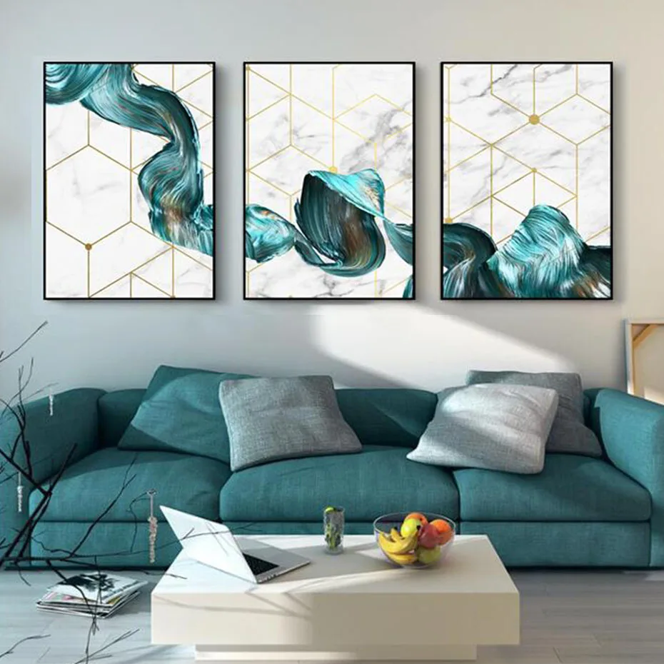 

Modern Abstract Blue Geometric Marble Background Nordic Canvas Painting Wall Art Pictures Over the Sofa Home Interior Decoration