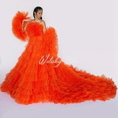 

Pretty A-line Fully Pleated Tulle Dresses Women Sexy Strapless Tiered Ruffles Long Party Dress With Detachable Sleeves vestito