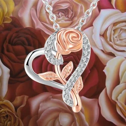 Rose Flower Pendant Heart Necklaces For Women Two-tone Zircon Aesthetic Jewelry Gift for Mom Girls Wholesale N172