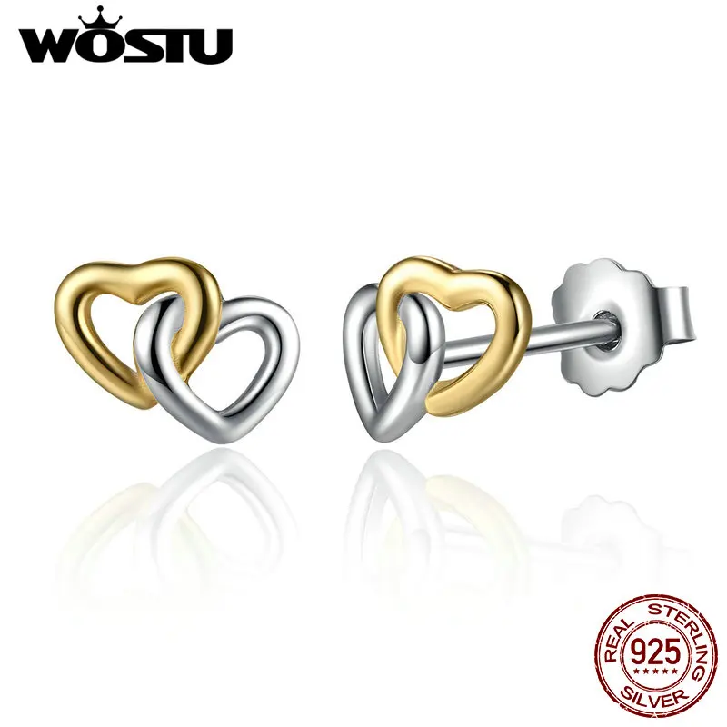 

Original Real 925 Sterling Silver & Gold Color Heart To Heart Stud Earrings For Women Compatible With Jewelry Gift