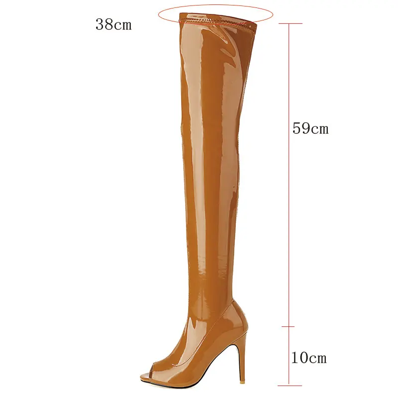 Lasyarrow 2021 Women Over the Knee Boots Patent Leather Peep Toe Women Thin High Heel Boots Sexy Nightclub Ladies Stretch Boots