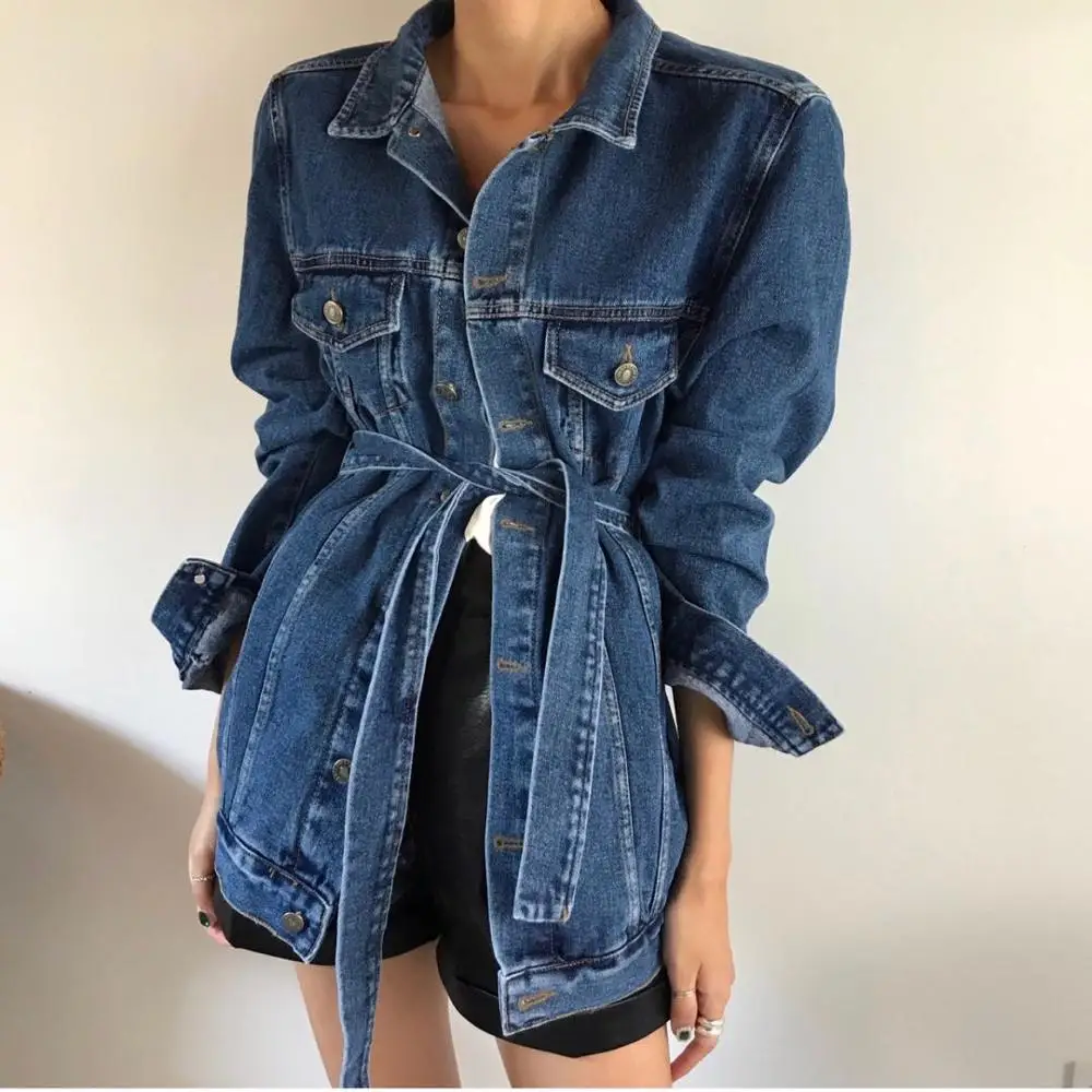 JSXDHK New Arrival High Street Autumn Winter Denim Coats Fashion Women Single Breasted Black Loose Jean Outerwear With Belt