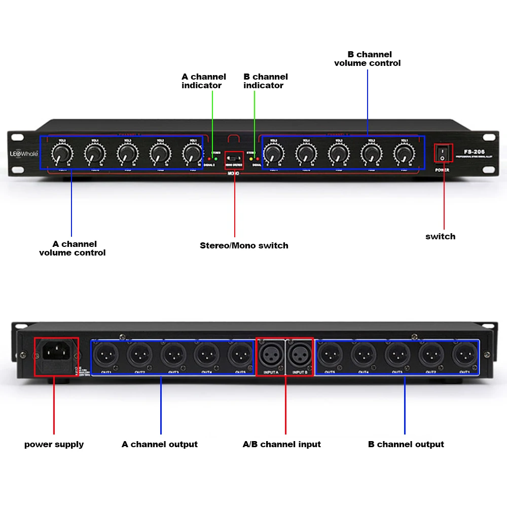 LEOwhale FS-210 전문 장비 스테레오 모노 오디오 신호 분배기 증폭기 분배기 2 in 10 Out XLR for Stage