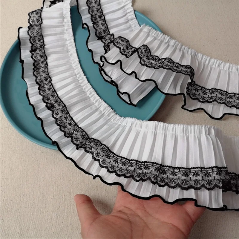 9CM Wide White Black 3d Pleated Chiffon Fabric Embroidery Fringe Ribbon Lace Edging Trim Dress Guipure Splicing Sewing Materials