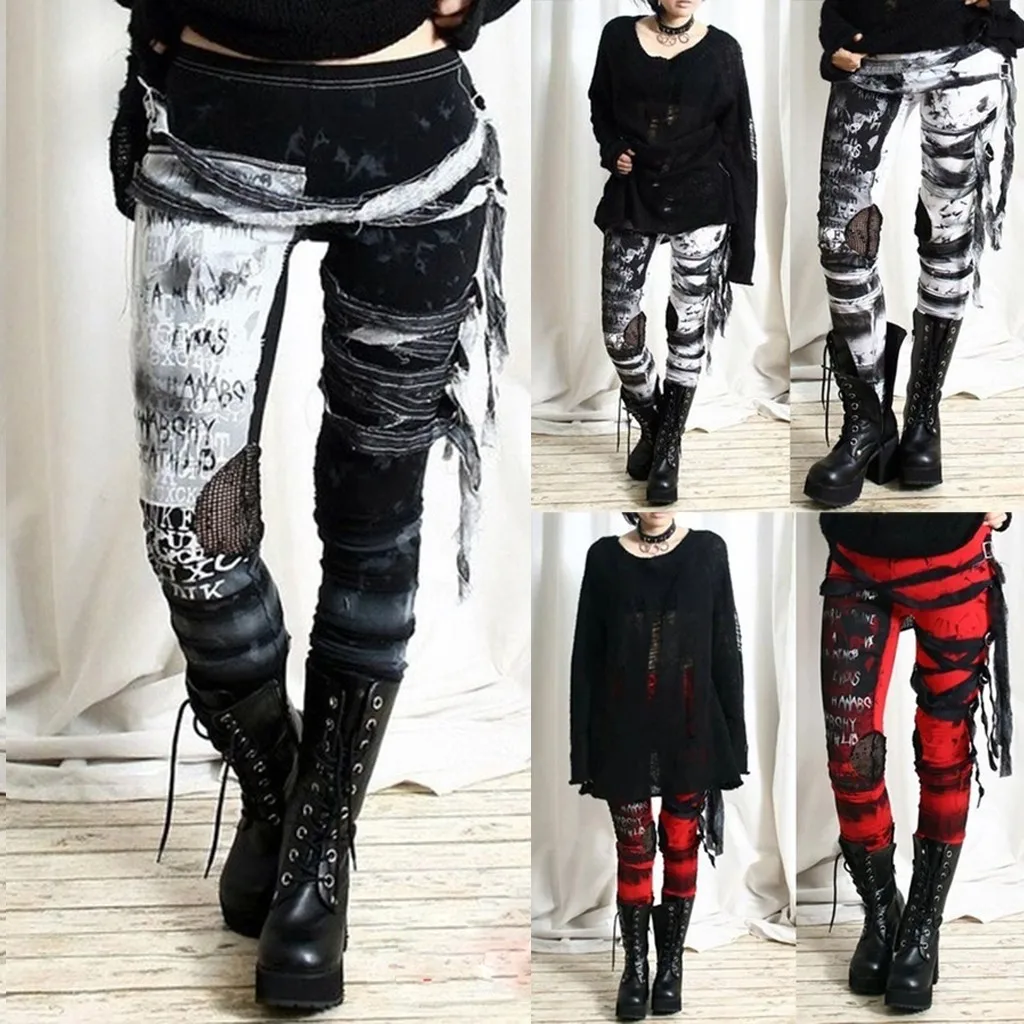 Gothic Punk Leggings Women Tight Elastic Pants Leggins Mujer Hip Hop Rocker High Waist Distressed Legging Pantalones De Mujer