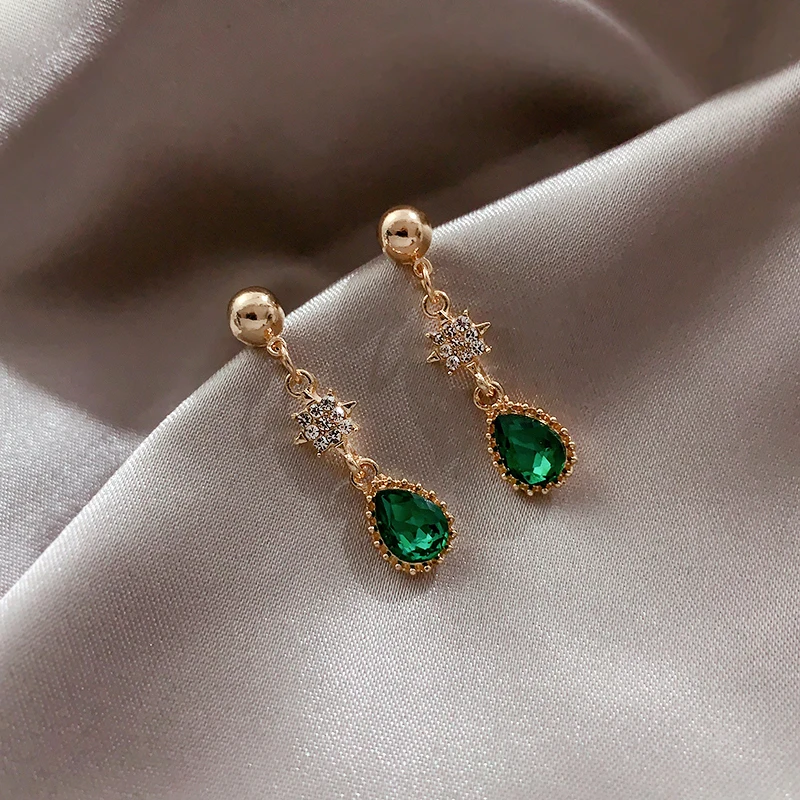 Korean Retro Resin Water Drop Green Stone Clip Earrings Temperament Six-pointed Star Rhinestone Non-pierced Clip On Earrings