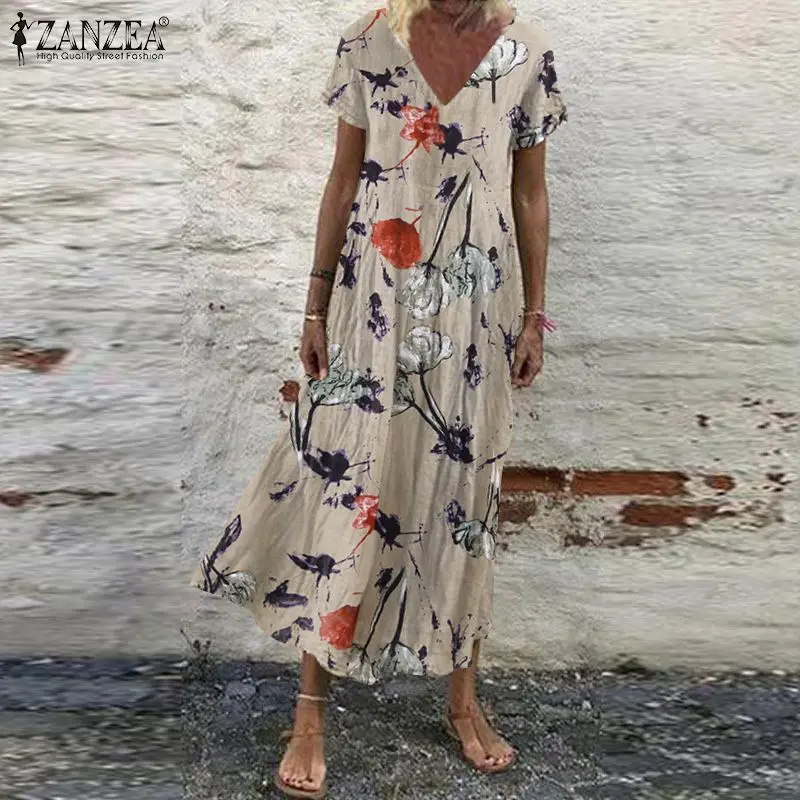 ZANZEA 2023 lato Floral wydrukowano Maxi sukienka kobiety w stylu Vintage V Neck krótki rękaw Sundress ponadgabarytowych czeski plaża Vestidos Femme