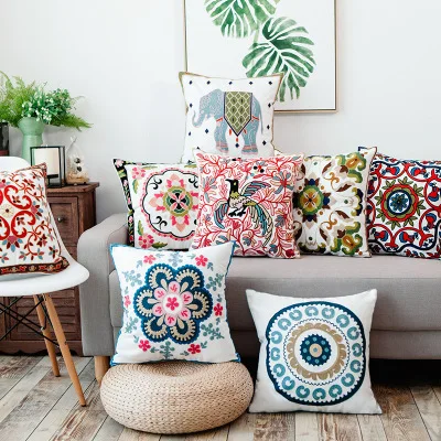 

Canvas Embroidered Pillow Cover Vintage Embroidery Cushion Ethnic Case Boho Flower Pillow National Handmade Cover