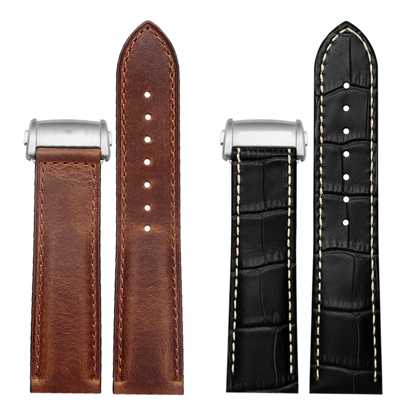 Cowhide Leather Watchband 20mm 22mm Black Brown Strap Folding Buckle For Hamilton Khaki Aviation Classic Series Men\'s Bracelet