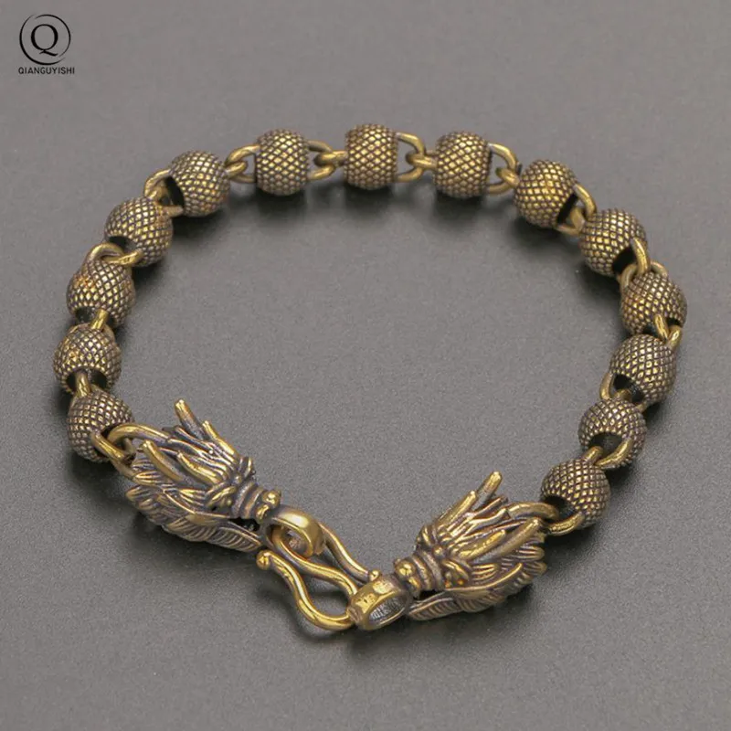 Vintage Brass Dragon Head Bracelet Punk Hip-Hop Jewelry Grind Arenaceous Bead Hand Chain Bangles Wristband for Men Women Trendy