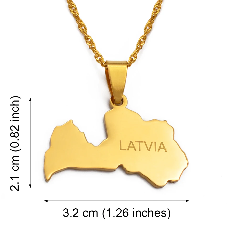 Anniyo Latvia of Map Pendant Necklace for Women Gold Color Latvijas Republika Maps Stainless Steel Jewelry #033721