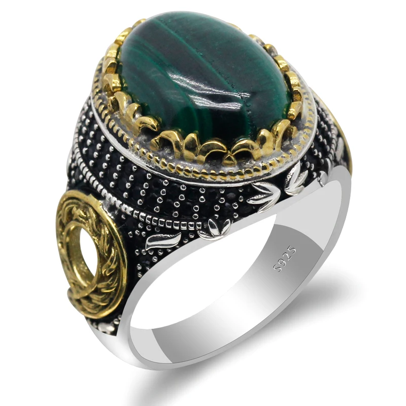 

Solid 925 Sterling Silver Men Ring Big Natural Malachite Stone Vintage Clover Lucky Paramount Wedding Jewelry Signet Rings Women