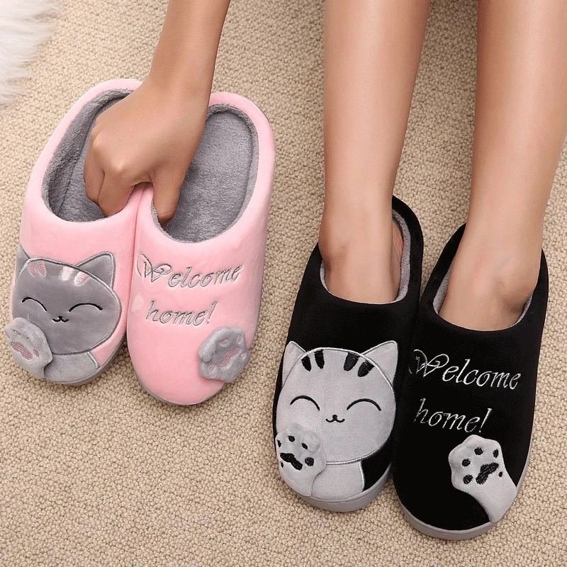 Women Winter Home Slippers Cute Cartoon Cat Non-slip Couples Warm Indoor House Floor Shoes Female Male Bedroom Plush Footwear