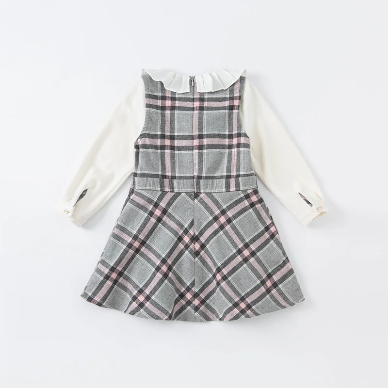 DKY19239-1  dave bella autumn girl\'s fashion letter plaid print draped dress children sweet dress kids infant lolita clothes