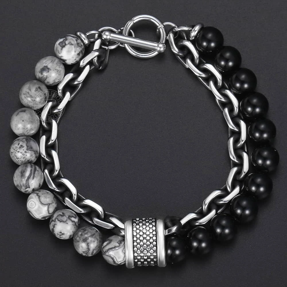 Trendsmax Natural Map Stone Men's Beaded Bracelet for women Stainless Steel Bracelets Male Jewelry Tiger eye 8 9 10 inch DB33 image 4
