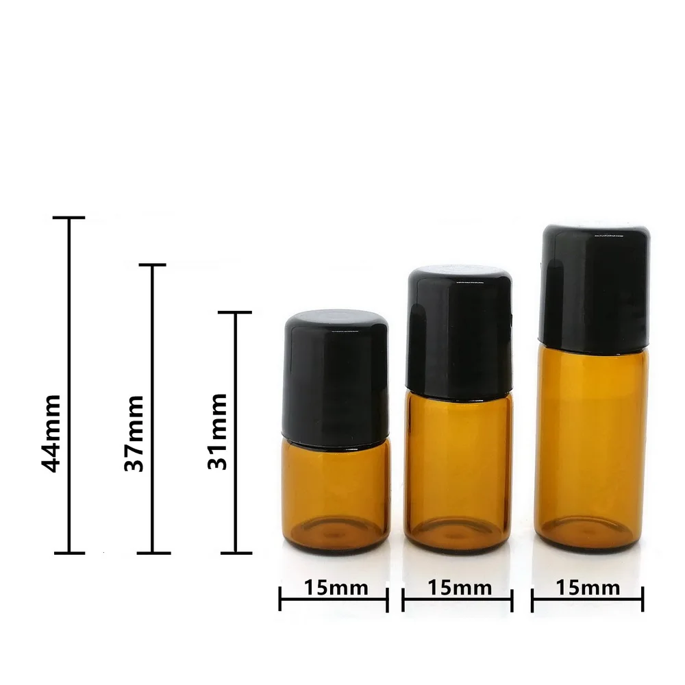 24pcs 1ml 2ml 3ml Amber Glass Roll On Bottles for Essential Oils doTERRA Empty Stainless Steel Roller Ball Bottle Lip Gloss