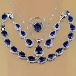 925 Sterling Silver Jewelry White CZ Blue Zircon Jewelry Sets For Women Earrings/Pendant/Necklace/Rings/Bracelet