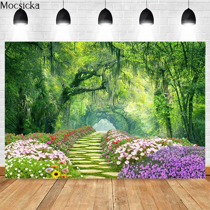 

Mocsicka Spring Forest Photography Backdrop Trail Green Space Decoration Props Children Art Portrait Photo Wallpaper Background