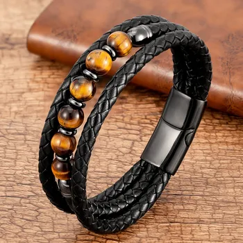 Stacked Stone Leather Bracelet — Onyx Edition