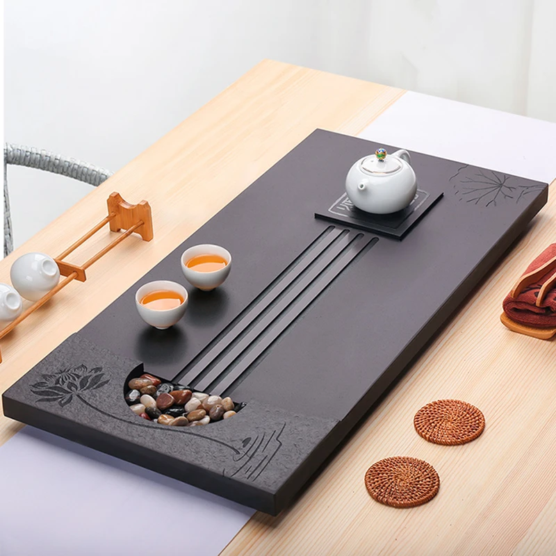 

heavy stone tea tray weighted tea table water draining function serving trays for kungfu tea set multi-size tea boat lotus carve