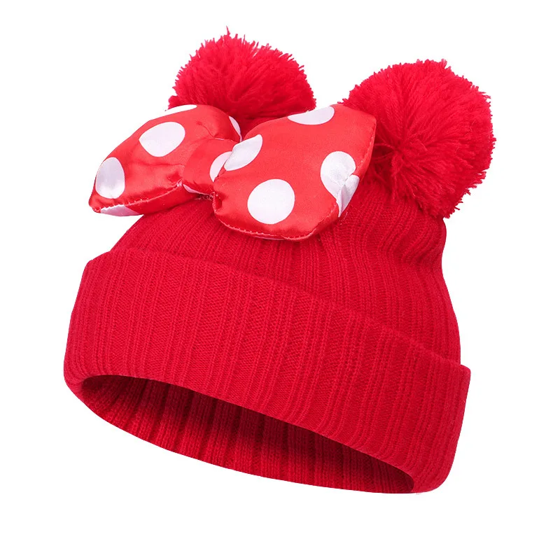Baby Children Beanie Hat Autumn Winter Cotton Bowknot Toddler Cap Double Fur Ball Top Boys Girls Spring Warm Solid Striated Hat