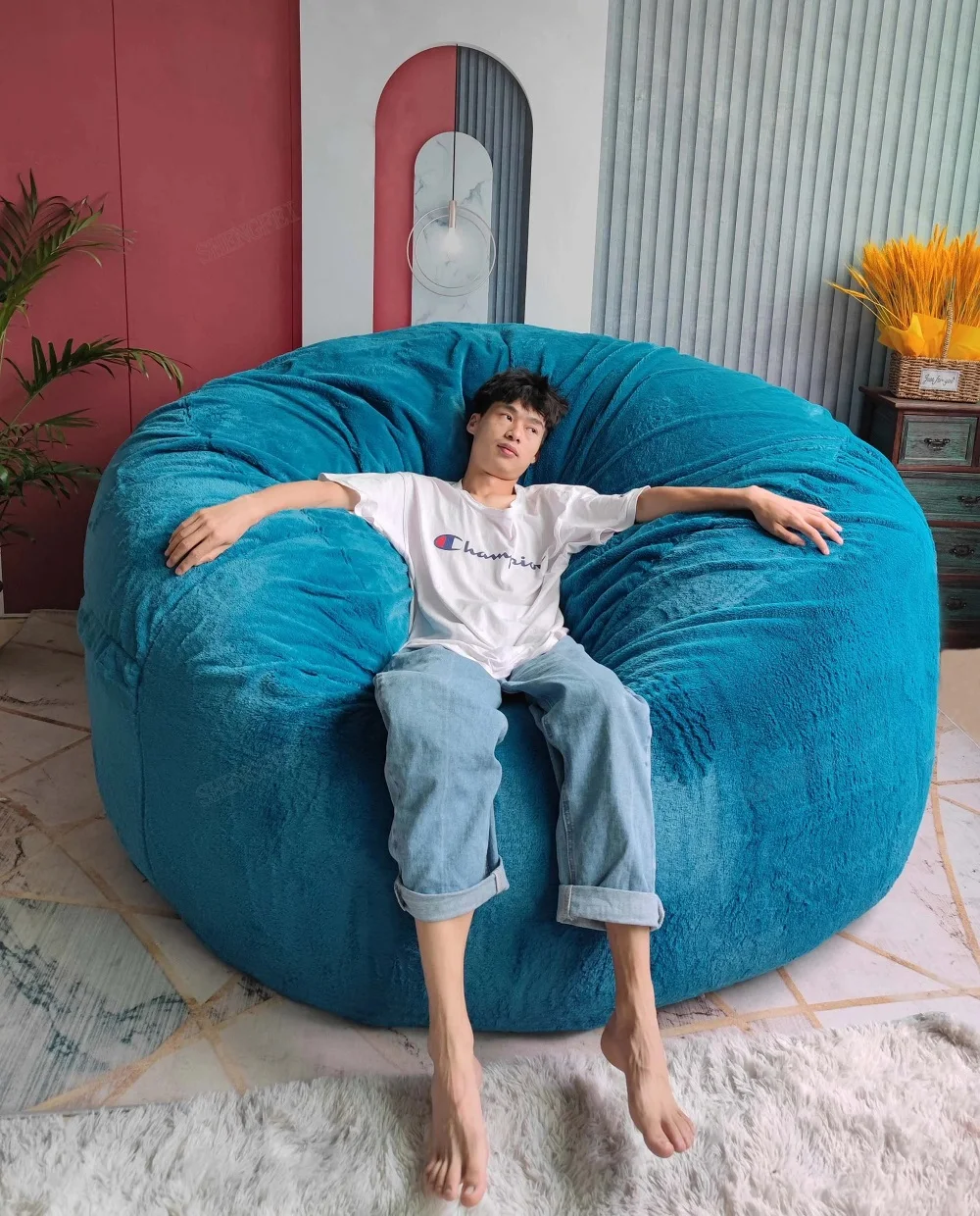 Dropshipping 6FT-7FT Giant Fur Bean Bag Cover Big Round Soft Fluffy Faux Fur BeanBag Plush Lazy Sofa Bed Living Room Furniture